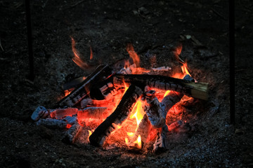 Logs of wood, burn bright red fire.  Flame of fire.