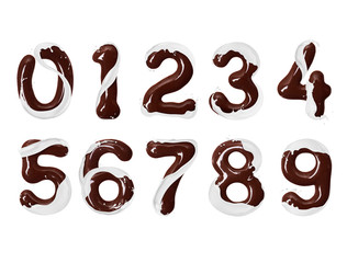 Numbers made of melted chocolate with milk splashes, isolated on white background