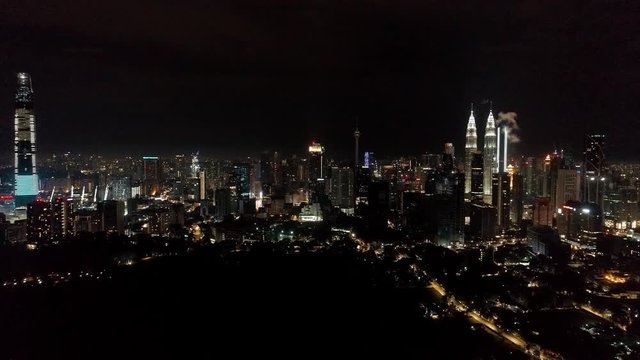 Aerial night view buildings and landmarks in Kuala Lumpur, city centre. Kuala Lumpur, MALAYSIA. 