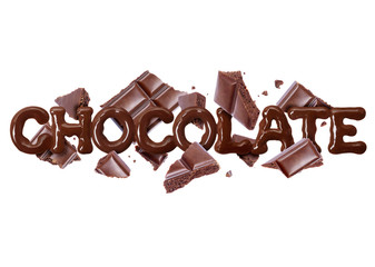 The word chocolate with a broken porous chocolate bar, isolated on white background