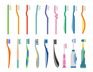 Set of several toothbrush flat ilustrations. Products for oral hygiene.