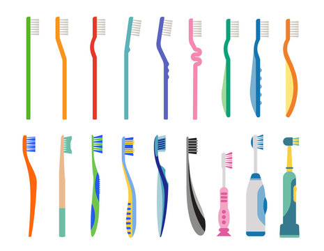 Set of several toothbrush flat ilustrations. Products for oral hygiene.