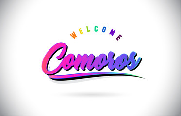 Comoros Welcome To Word Text with Creative Purple Pink Handwritten Font and Swoosh Shape Design Vector.