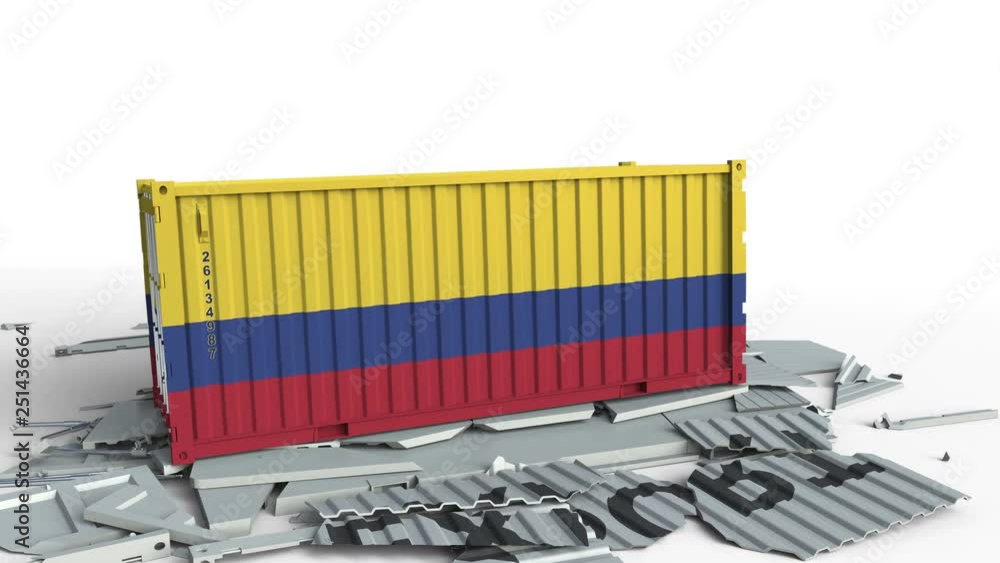 Poster cargo container with flag of colombia breaks container with export text. conceptual 3d animation