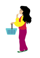 Young woman with basket. Shopping flat vector.