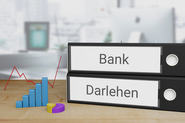 Kreditvergabe. Ordner beschriftet mit den Begriffen Bank und Darlehen liegen neben Diagrammen auf einem Schreibtisch. Büro im Hintergrund.