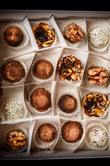 top view on big handmade box filled with assorted healthy useful handmade candies