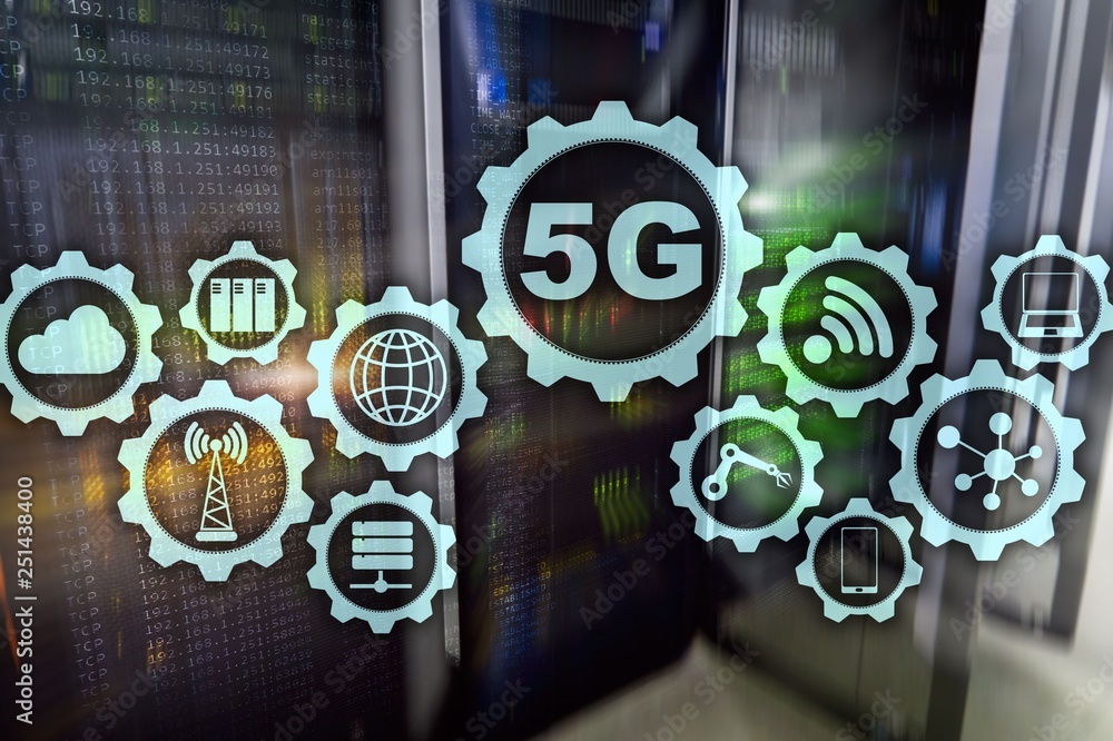 Wall mural 5g network, 5g internet connection concept in digital background. smart communication network concep
