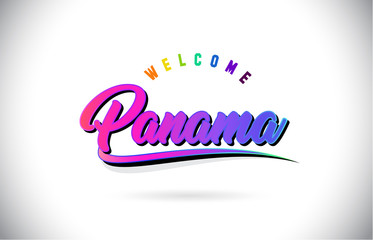 Panama Welcome To Word Text with Creative Purple Pink Handwritten Font and Swoosh Shape Design Vector.