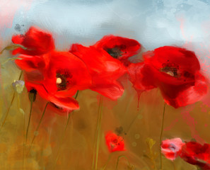 Spring and summer flowers collection – red poppies field in oil painting style