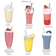 Set of refreshing summer drinks. Milkshakes of fruits and berries.