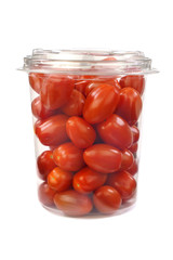 Cherry plum tomatoes in plastic container packed.