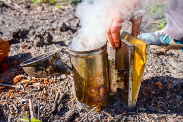 Apiarist, beekeeper prepare the smoker to use on a beehive