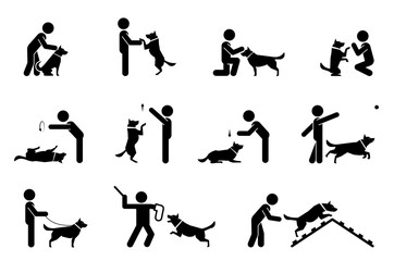 Set of pictograms representing relationship and bond between dogs and their owners. Puppy training. Training dogs on polygon.