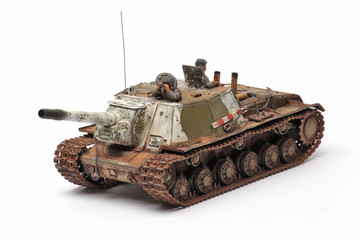Fototapeta na wymiar stand model of a military battle tank on a white background