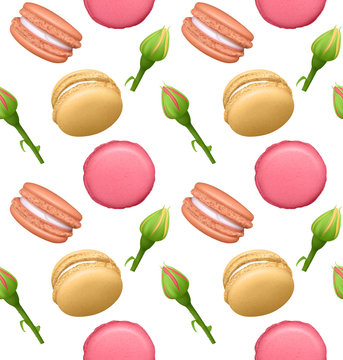 Seamless pattern with french sweet macaroons and roses. Fresh bakery. Can be used in food industry for wallpapers, posters, wrapping paper. Vector Eps10