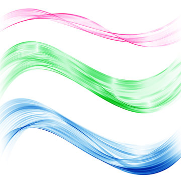 A set of transparent abstract waves of blue, green and pink. The design element. © guroolga