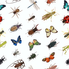 Seamless pattern with different creeping and flying insects. Vector