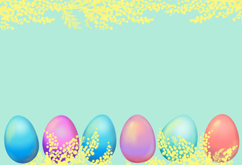 Fototapeta na wymiar Colorful Easter eggs and mimosa branches on green background, copy space. Greeting cards for Easter.