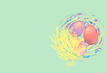 Colorful Easter eggs and mimosa branches in a nest on green background, copy space.