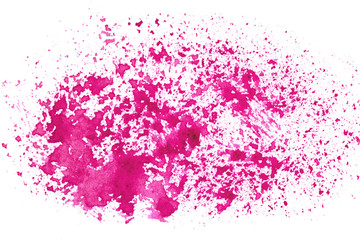Abstract watercolor spot on white textured paper. Isolated. Hand-drawn background. Aquarelle brush stains on paper. For design, web, card, text, decoration, surfaces. Fuchsia color. Purple.