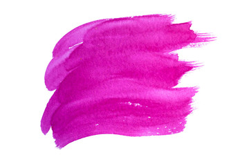 Abstract watercolor spot on white textured paper. Isolated. Hand-drawn background. Aquarelle brush stains on paper. For design, web, card, text, decoration, surfaces. Fuchsia color. Purple.