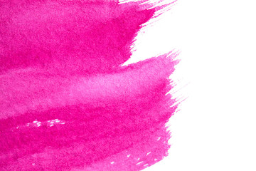 Abstract watercolor spot on white textured paper. Isolated. Hand-drawn background. Aquarelle brush stains on paper. For design, web, card, text, decoration, surfaces. Fuchsia color. Purple.