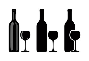 Silhouette of wine bottle and glass on white background. Vector