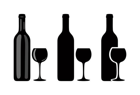 Silhouette of wine bottle and glass on white background. Vector