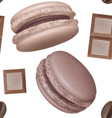 Seamless pattern with macaroons, chocolate bars and coffee beans. Can be used for wallpapers, posters, wrapping paper. Vector Eps10