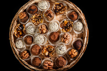 top view on big handmade box filled with assorted healthy useful handmade candies