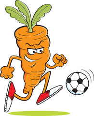Cartoon illustration of a carrot playing soccer.