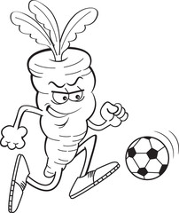 Black and white illustration of a carrot playing soccer.