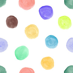 Seamless watercolor pattern with hand drawn colorful circles. Beautiful polka dots watercolour ornament for textile, wrapping paper, wallpaper, surface design