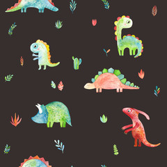 Hand drawn seamless pattern with dinosaurs and floral elements.  Cute watercolor illustration design. Perfect for kids fabric, textile, nursery wallpaper.