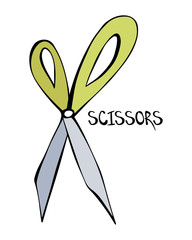 Cartoon style vector illustration of grey, green scissors with black lettering. Great design elements for sticker, card, print or poster. Unique and fun drawing isolated on white background