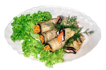 dish food from the restaurant. isolated background. view from above . side view