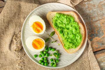 green peas, avocado and vegetable pate - sandwich (healthy breakfast). food concept. top view