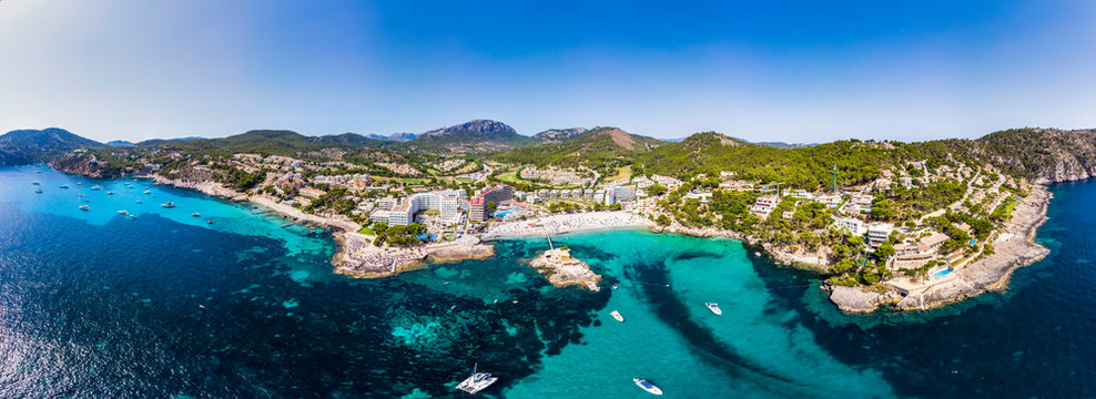 Spain, Baleares, Mallorca, Calvia region, Costa de la Calma, Aerial view of Camp de Mar