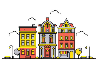 Naklejka premium Thin line town landscape. urban european city. flat outline style