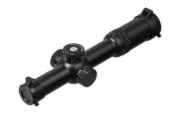 modern black optical scope for weapon isolated on whited. sight scope isolated on white back.