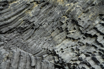 Basalt volcanic rock formations in Reinisfjara beach near Vik in northern Iceland