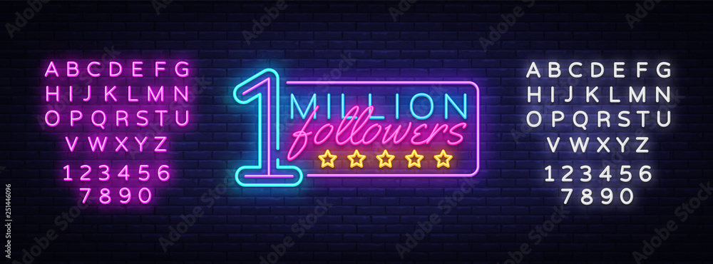 Wall mural million followers neon text vector design template. one million subscribers light banner design elem - Wall murals