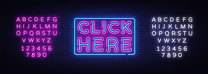 Click Nere Neon Text Vector. Click Nere neon sign, design template, modern trend design, night neon signboard, night bright advertising, light banner, light art. Vector. Editing text neon sign