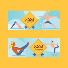 Yoga vector people yogi character training flexible exercise pose on yoga-classes illustration backdrop healthy man lifestyle workout with meditation balance relaxation background