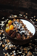 Healthy breakfast bowl of granola, white yogurt and dried fruit.