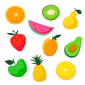 Vector isolated set of decorative cartoon fruit for print. Set of isolates on a white background