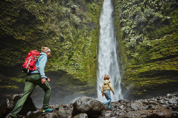 Mother and son walking towards Las Cascadas waterfall