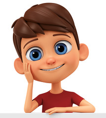 Character cartoon boy leaned against a blank board. 3d rendering. Illustration for advertising.