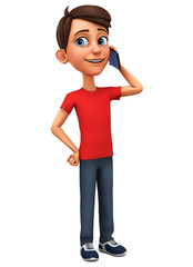 Cartoon character guy talking on the phone on a white background. 3d rendering. Illustration for advertising.